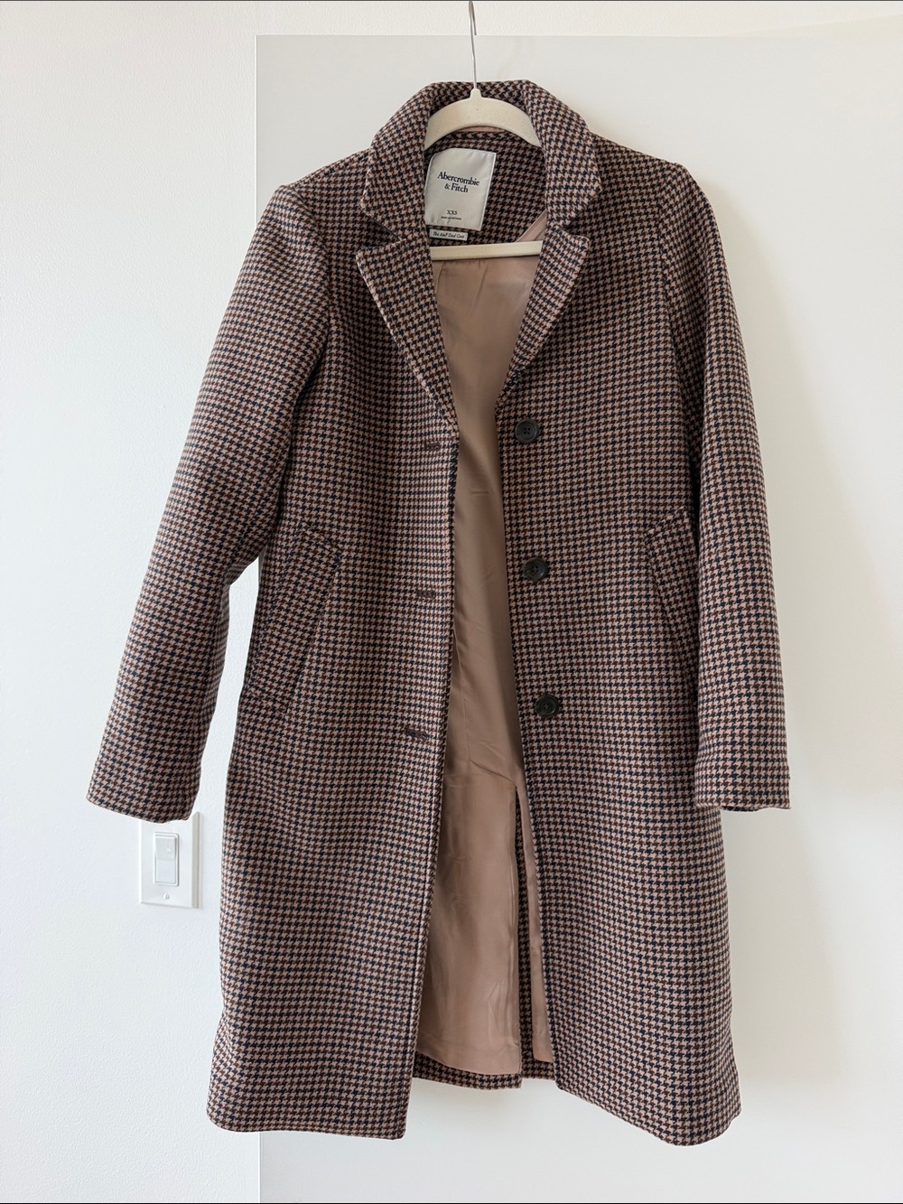ABERCROMBIE Brown and Blue Houndstooth Wool-Blend Pea Coat